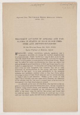 Transient Attacks of Aphasia and Paralyses in States of High Blood Pressure and Arterio-Sclerosis...