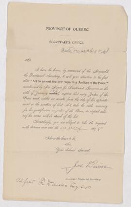 Appointment letter for Alfred F. Dawes as justice of the peace