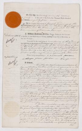 Declaration requisition notification & protest at the request of Joseph Tinning to Elizabeth ...