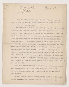 Correspondence on N-B's title and choice of title