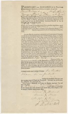 Voyageur contract for Louis Balcomb, Francois Plante of St-Cutbert, and Jean-Baptiste Quay of La ...