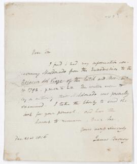 Letter signed James Burney to unknown recipient, 21 December 1816