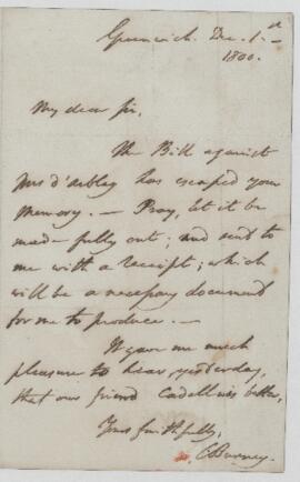 Letter from Charles Burney Jr. to William Davies, 1 December 1800