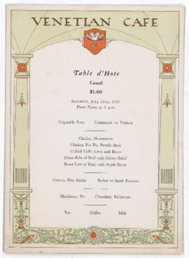 Venetian Cafe, table d'hôte lunch menu: Saturday, July 13th, 1929